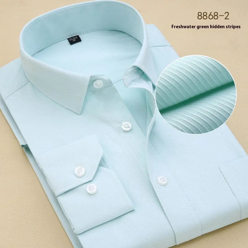 Men's black long sleeve cotton business shirt with a regular slim fit on a hanger.