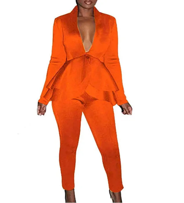 Ruffled air layer business shirt and pencil pants uniform set in multiple colour options
