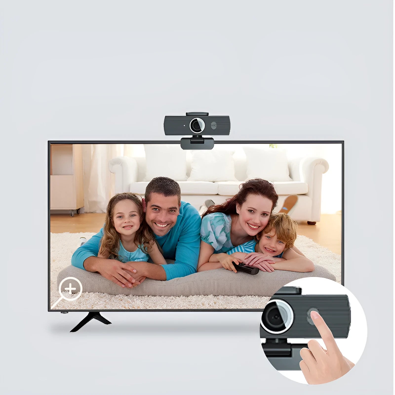 Black USB computer webcam with magnetic privacy cover on a laptop screen