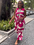 V-neck printed sleeveless dress in Rose Red with abstract pattern and A-line skirt for commuting style