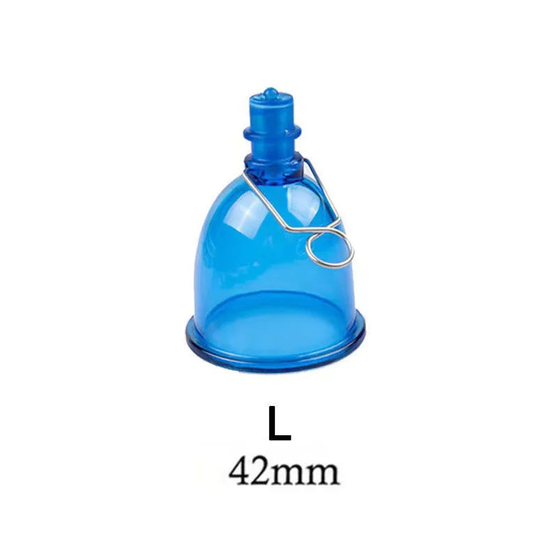 Blue silicone men's physical stretch exerciser cup shown in small, medium, and large size options.