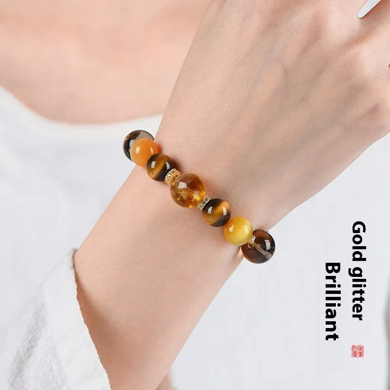 Natural yellow tower crystal string beads bracelet with 10mm Jinba beads manual craftsmanship