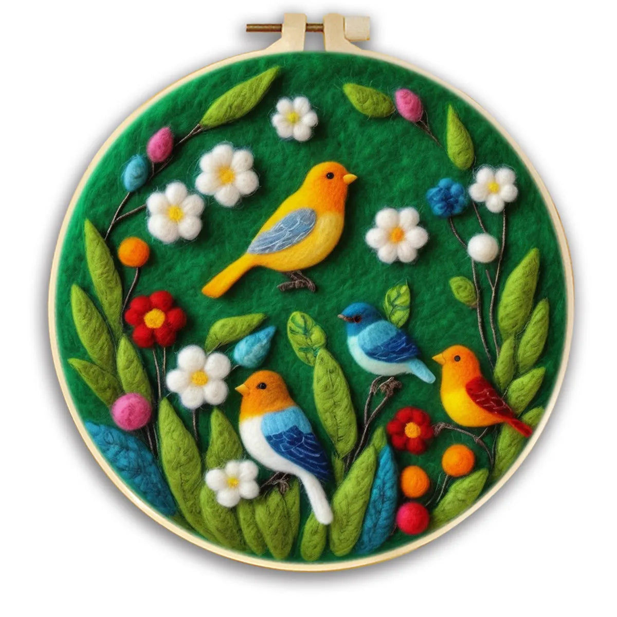 Round linen embroidery kit with wool felt pieces for 3D flowers and leaves, includes a free frame.