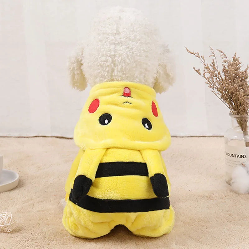 Fleece cat and dog coat with cartoon design on a pet mannequin, showing hoodie style.