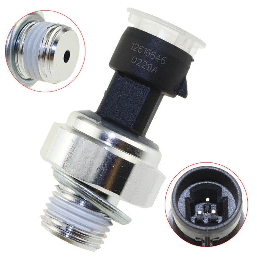 Genuine GM oil pressure sensor with electrical connector for Buick and Chevrolet vehicles.