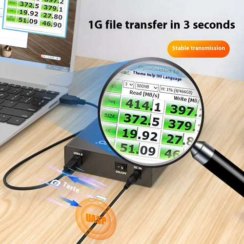 3.5 inch USB 3.0 SATA hard disk enclosure in two-tone colour with power supply and cable