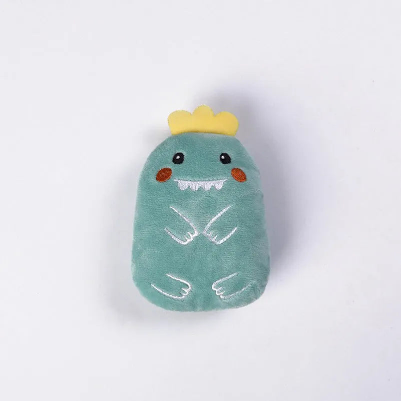 Small plush catnip toy with vocal feature for feline teeth grinding and claw play