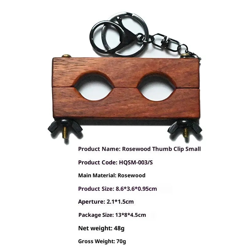 Solid wood thumb clip prop in rosewood wood colour finish on white background