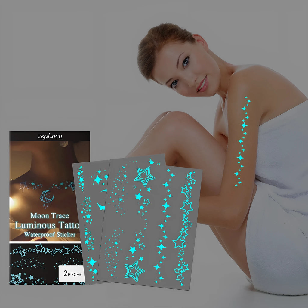 Two luminous tattoo stickers with glow effect on skin, includes tattoo paste