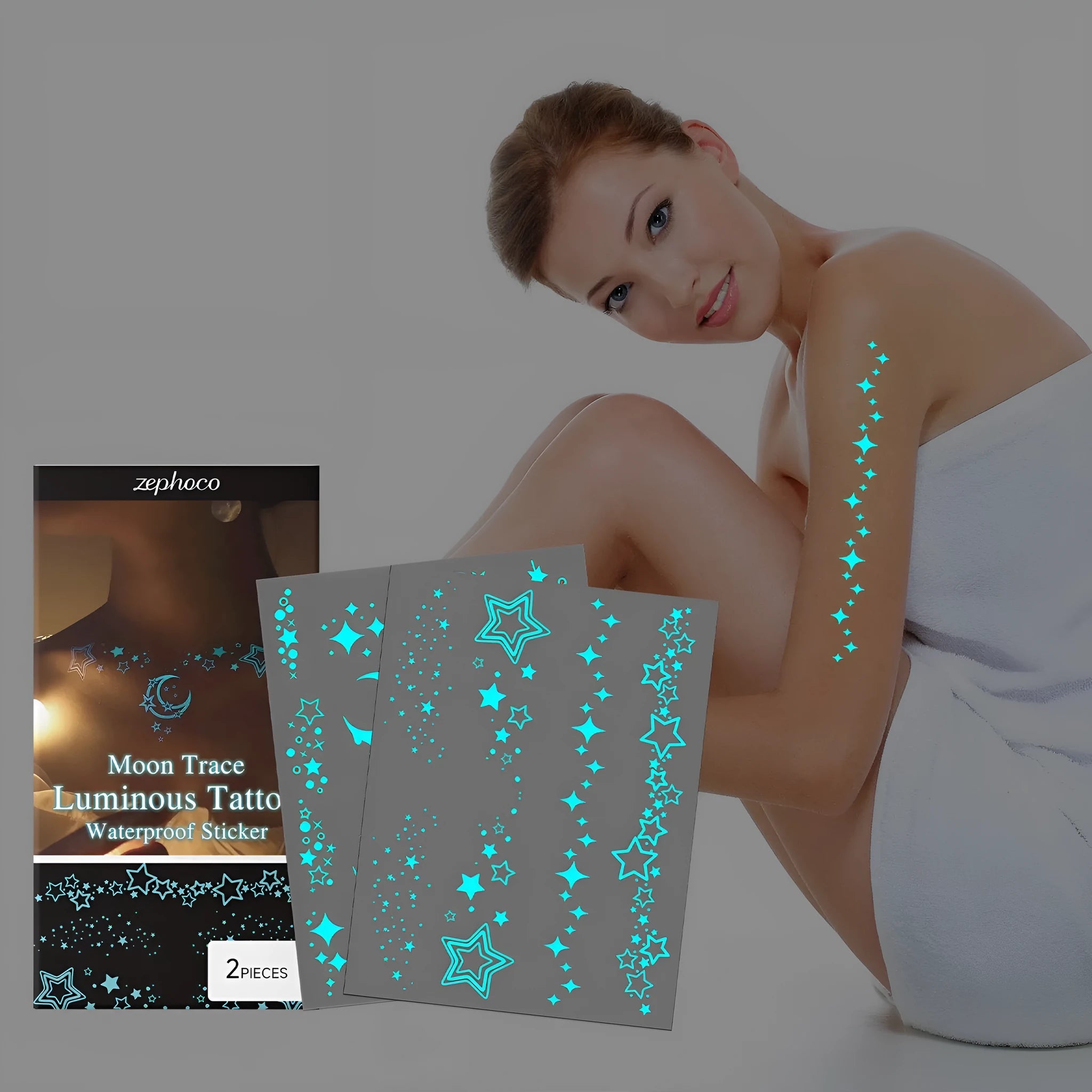 Two luminous tattoo stickers with glow effect on skin, includes tattoo paste