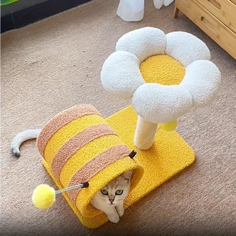 Yellow freestanding cat climbing frame with sisal scratching board and a tunnel