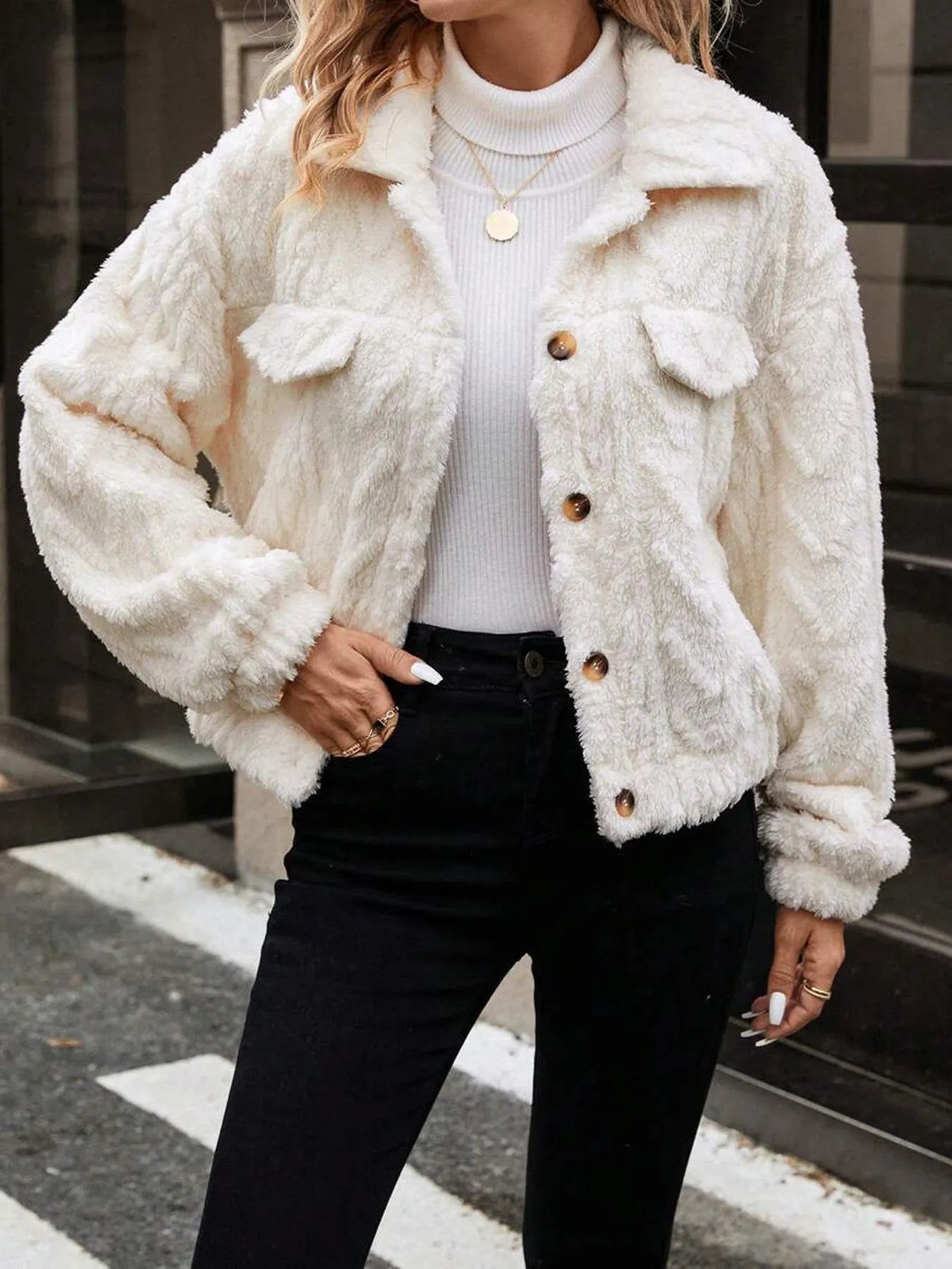 Women's ivory white double-sided plush cardigan with button front in regular fit