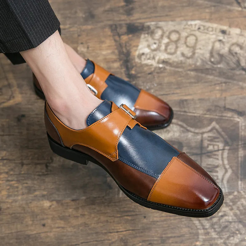 Men's British retro style buckle leather casual shoes in tall crown design with microfiber upper