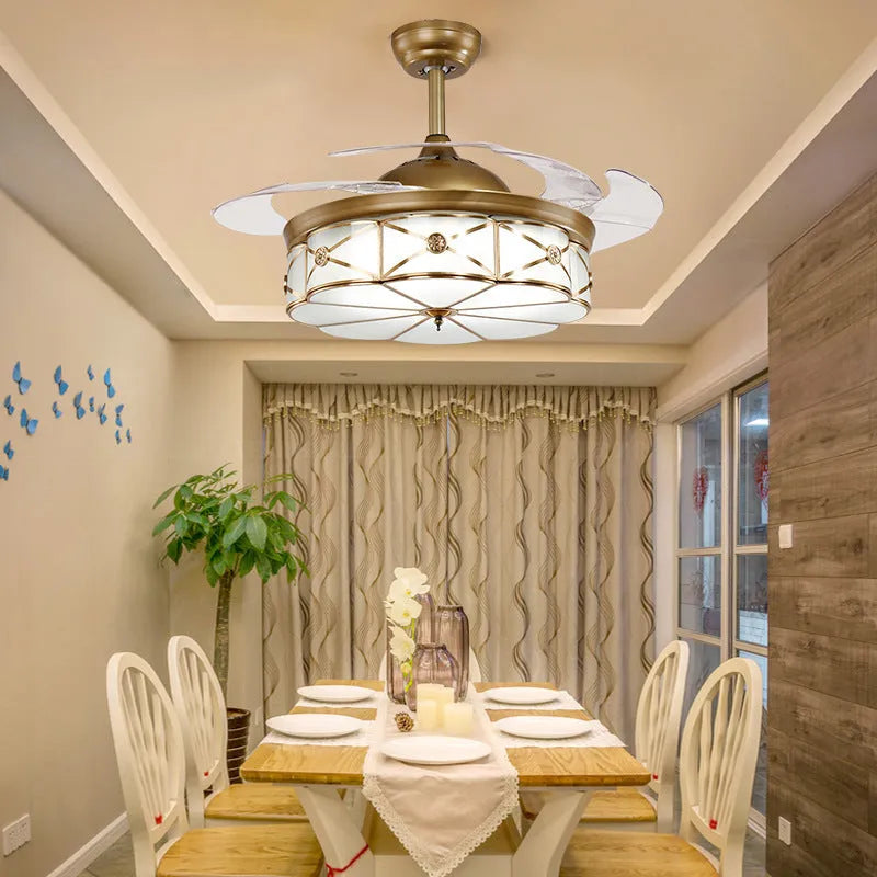 Gold 42-inch ceiling fan light with invisible blades and remote control