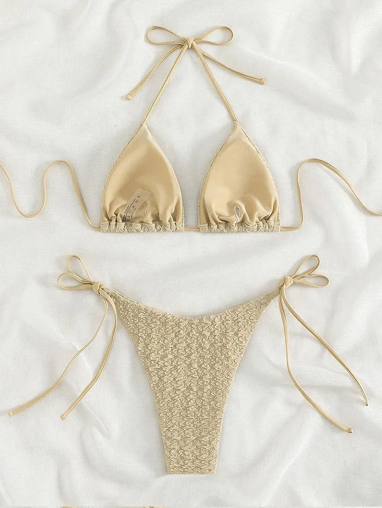 Women's high waist bikini swimsuit with lace-up sides in khaki colour