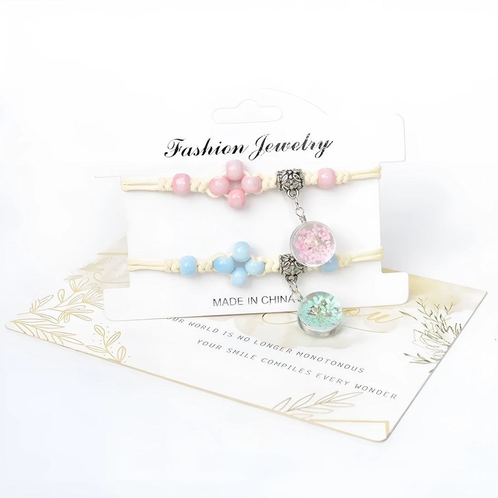 Hand-woven glass bracelet with real dried flowers inside large 1.4cm colored beads for women