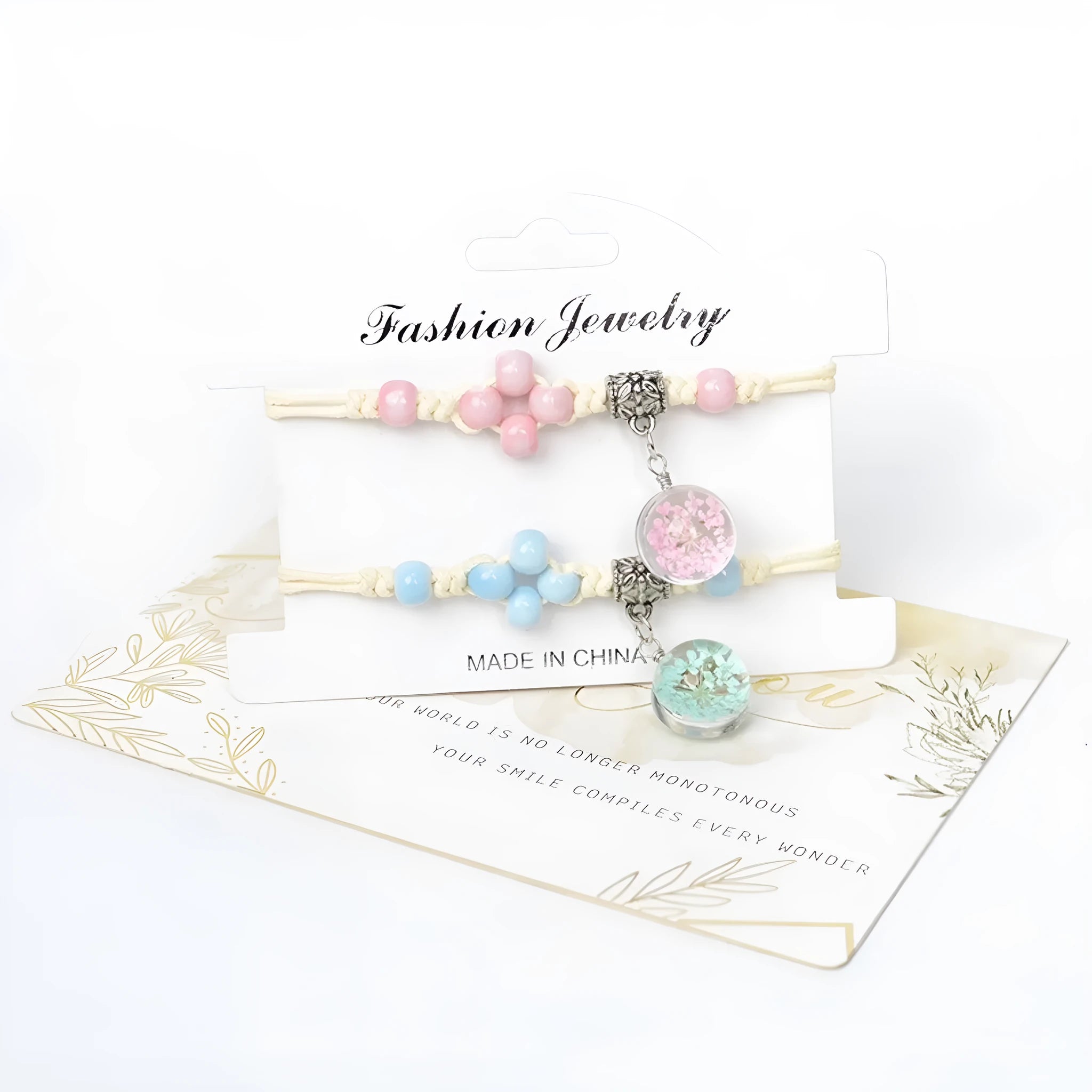 Hand-woven glass bracelet with real dried flowers inside large 1.4cm colored beads for women