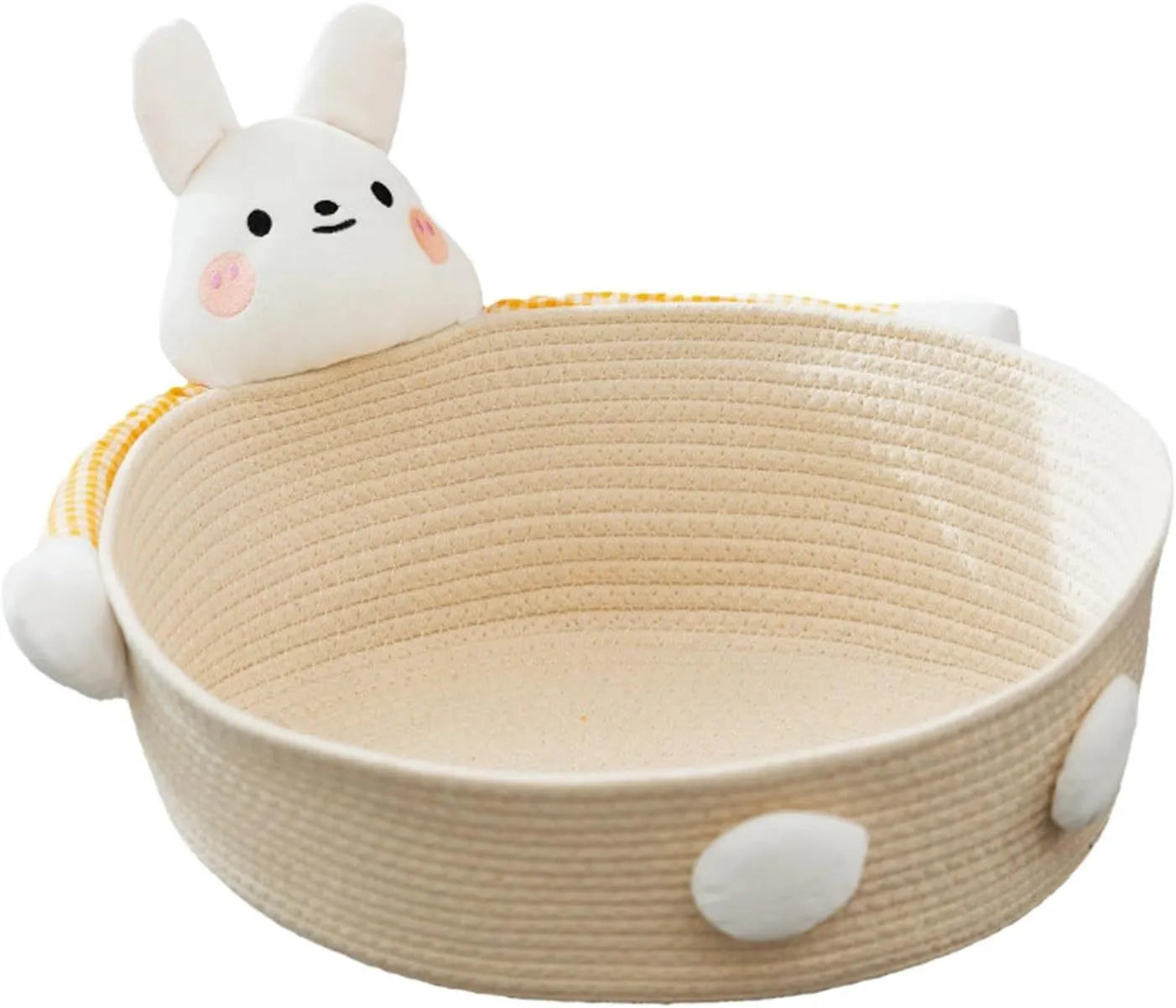 Woven cotton rope basket serving as a cat bed and scratcher in a natural colour.