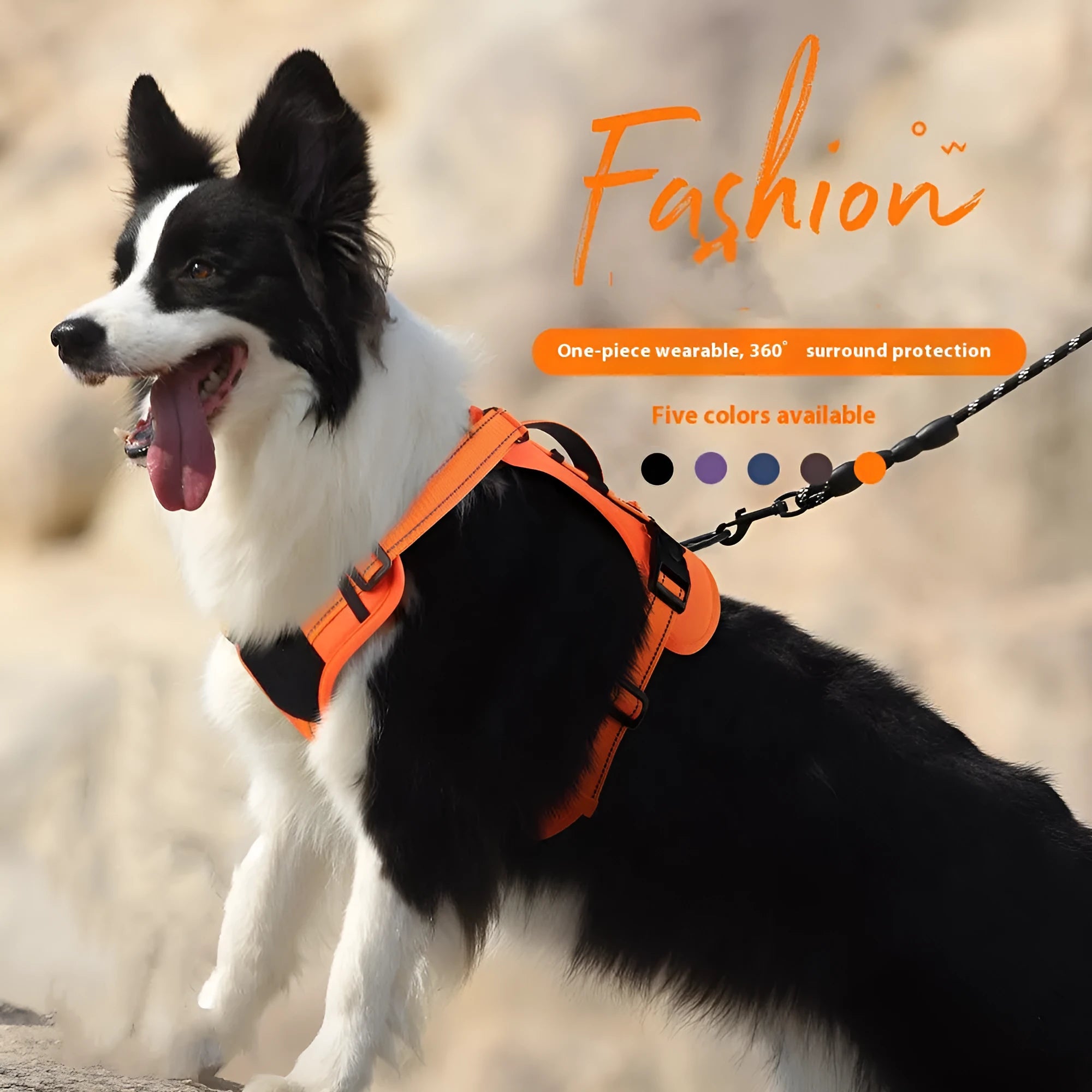 Reflective explosion-proof dog harness with attached hand-holding rope in orange colour, showing adjustable straps and safety features