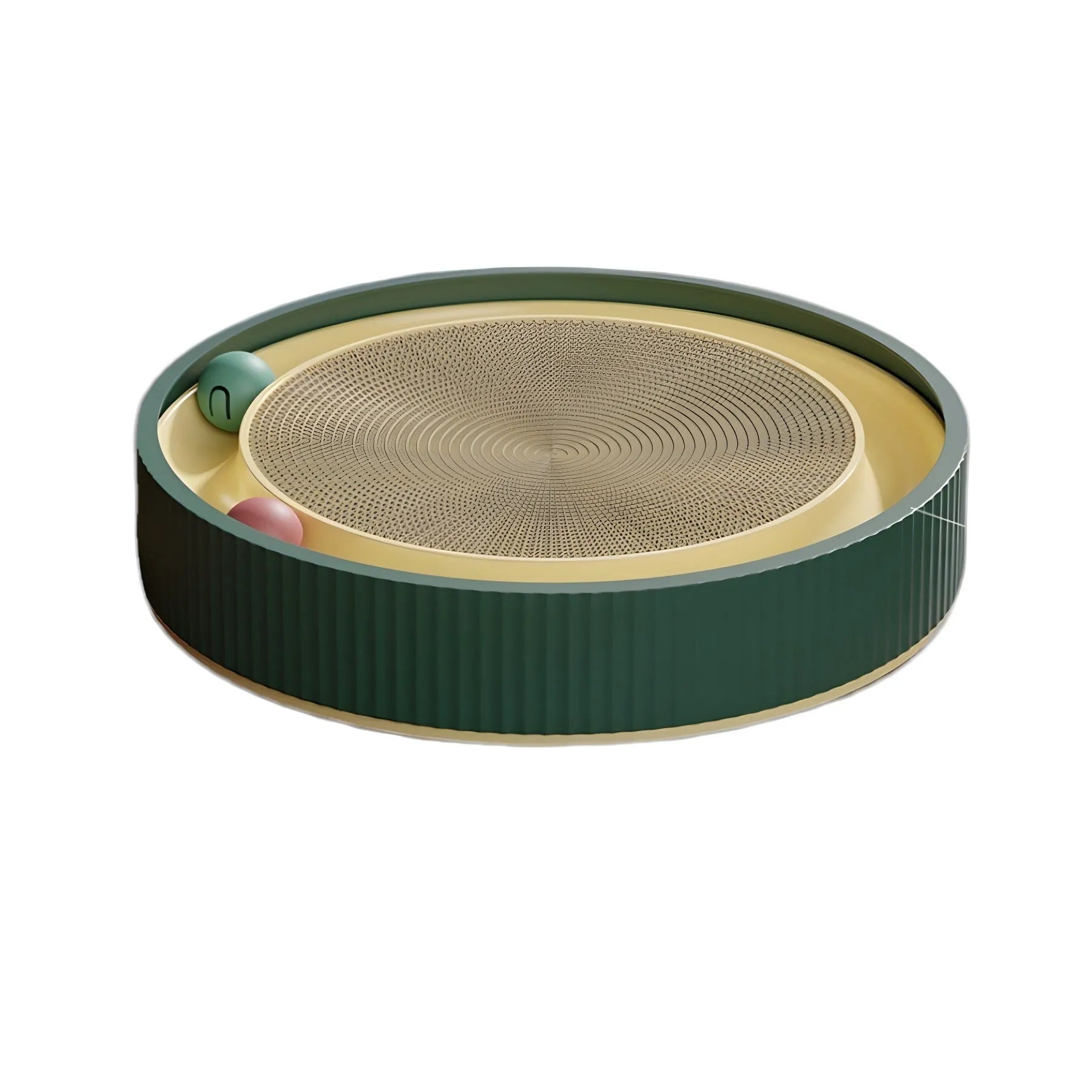 Large green circular cat scratching board with ball toys and a white replaceable core for indoor cats