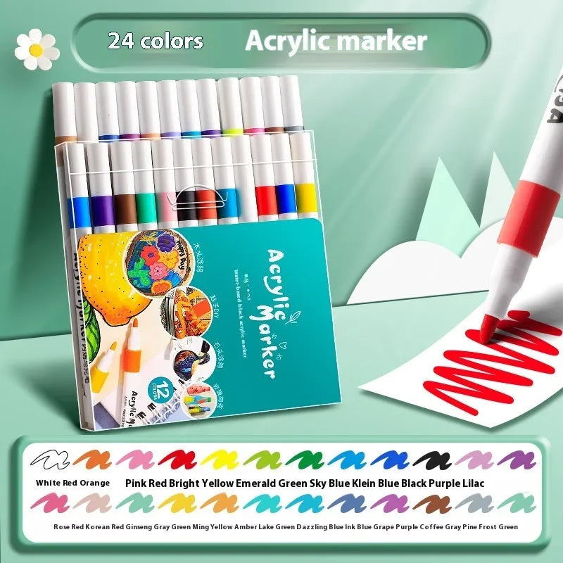Set of acrylic marker pens with plastic barrels in multiple vibrant colours for student painting projects