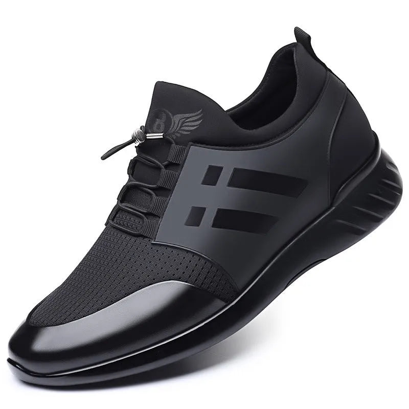 Men's black casual height increasing shoes with round toe and chunky rubber sole