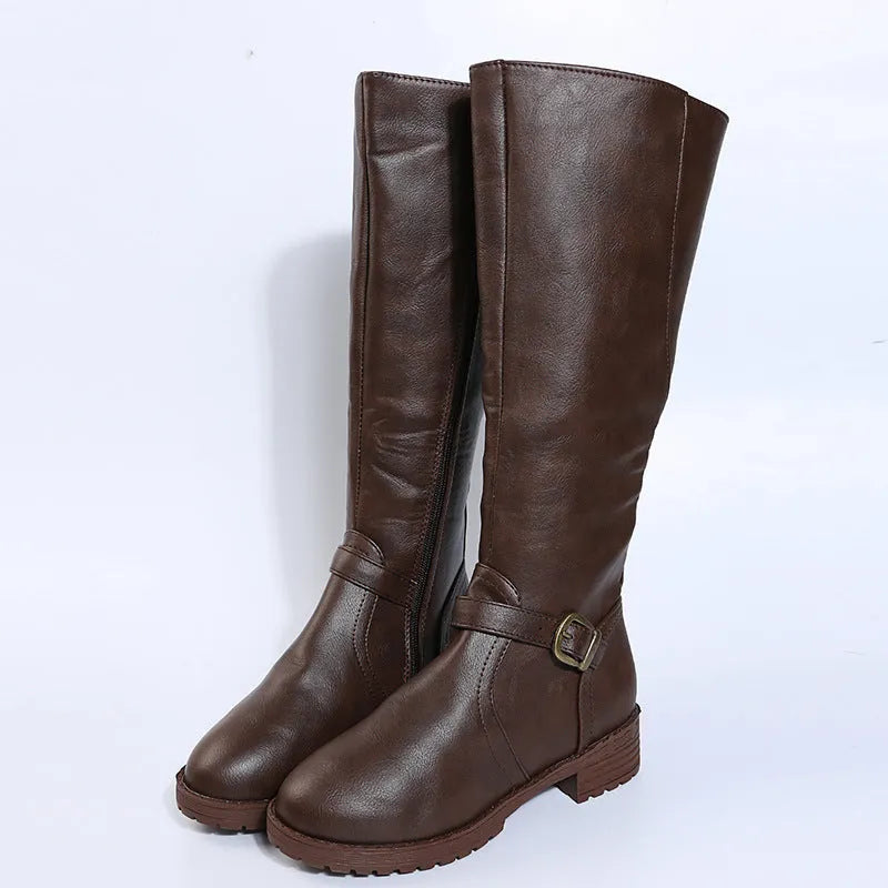 Yellow women's high-knee knight boots with a square heel, round toe, and a decorative buckle on the shaft.
