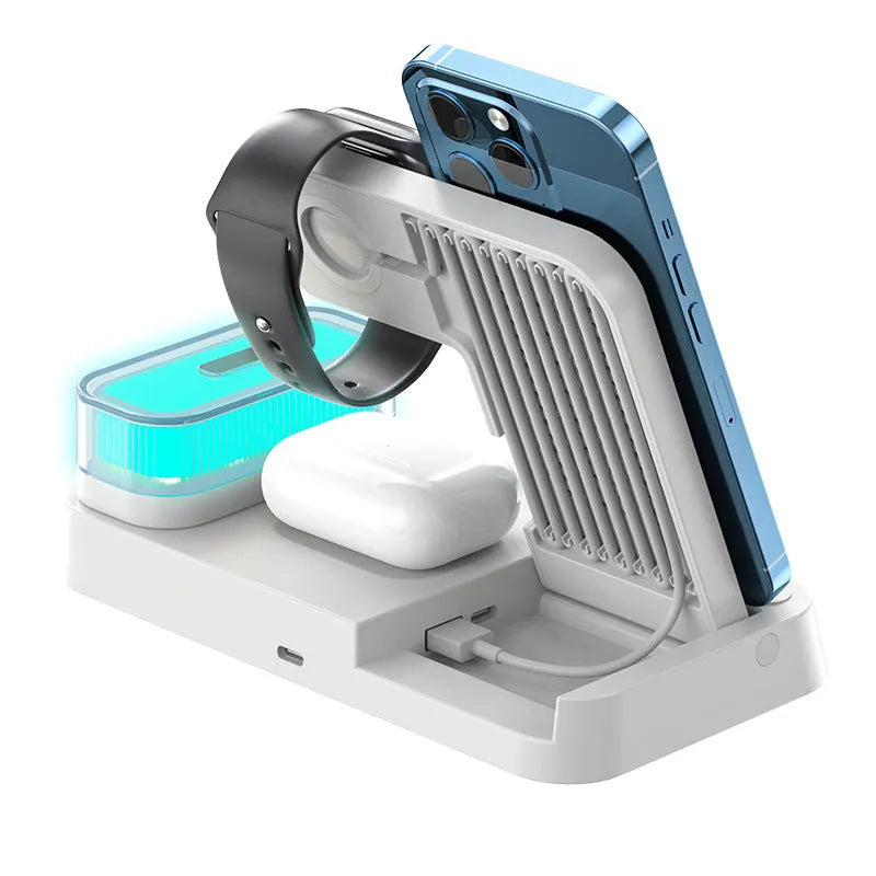 White foldable wireless charging station showing alarm clock display, phone charging surface and RGB night light