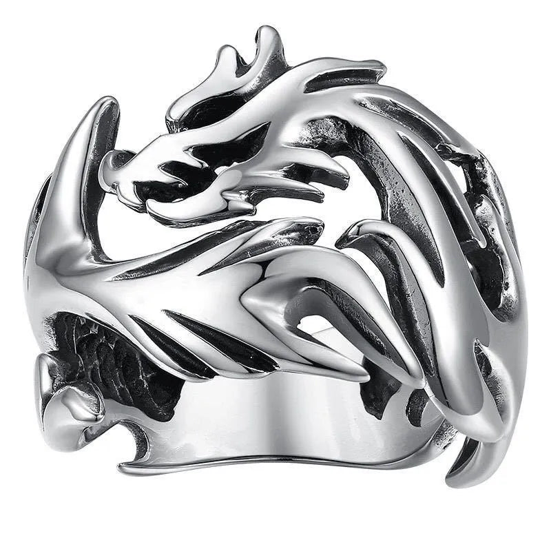 Adjustable Chinese dragon pattern ring with electroplated antique silver blue and green finish