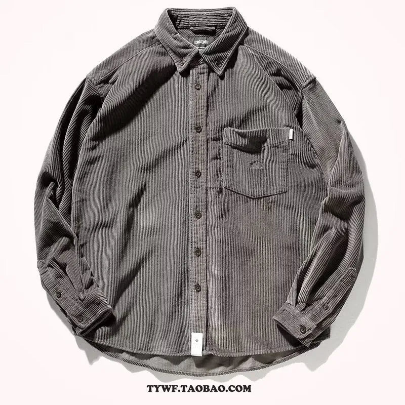 Long sleeve loose corduroy shirt in caramel colour with cardigan style for youth leisure wear.