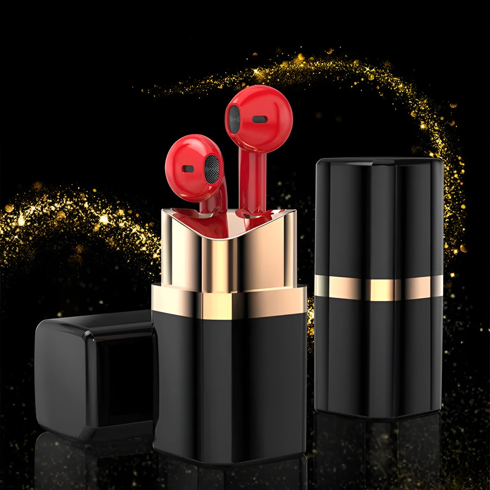Lipstick-style wireless Bluetooth earbuds in charging case with curved in-ear design available in four colours