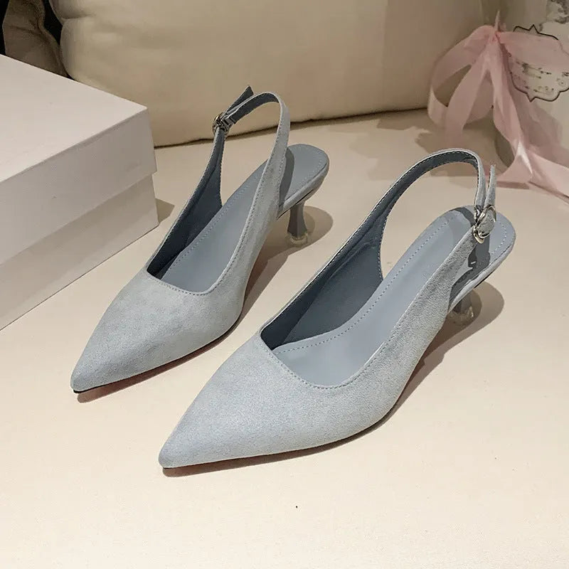 Women's apricot suede pointed-toe stiletto high heel shoe with a rubber sole