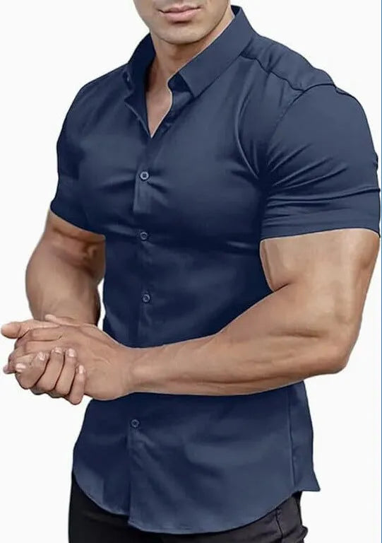 Men's short sleeve printed casual shirt in polyester, shown in multiple colour options.