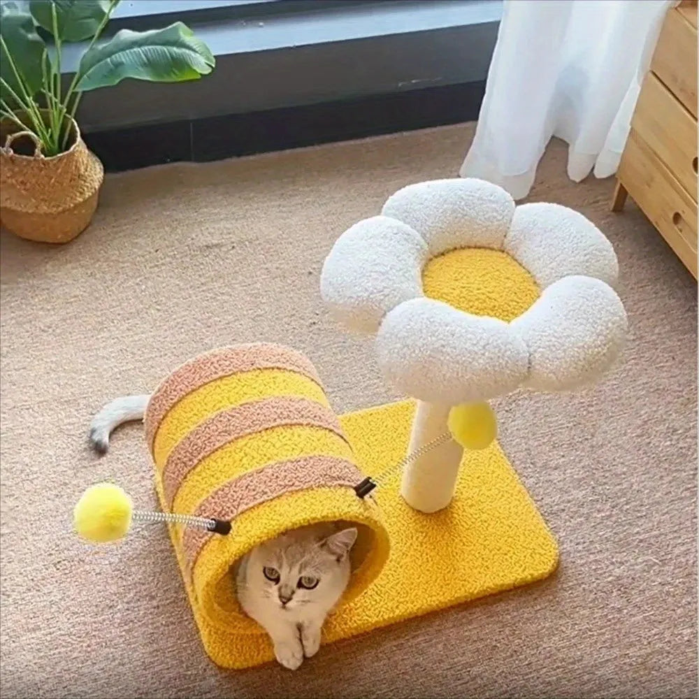 Yellow freestanding cat climbing frame with sisal scratching board and a tunnel