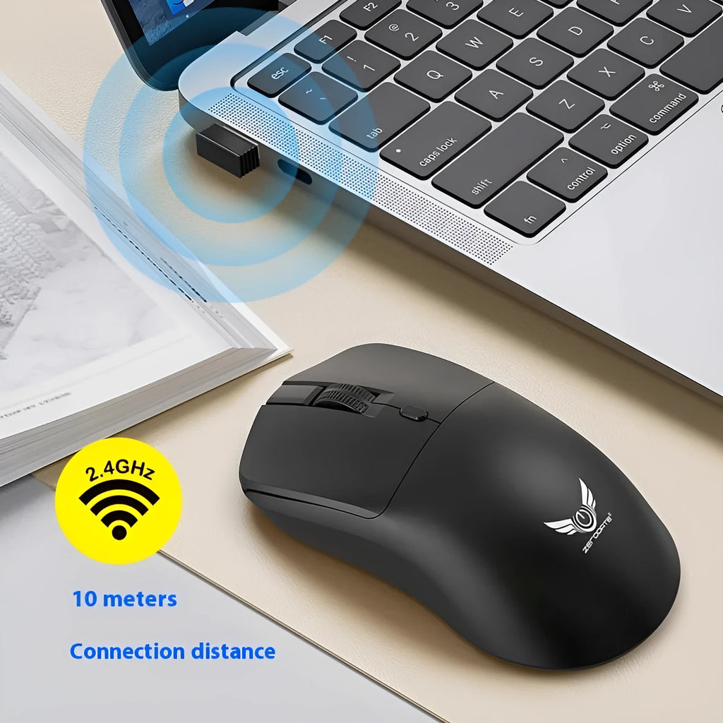 Black wireless mouse with three audio control buttons and scroll wheel