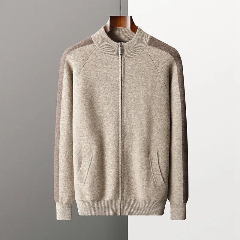 Men's cashmere wool blend knitted suit set with half turtleneck zipper cardigan and matching trousers for winter wear