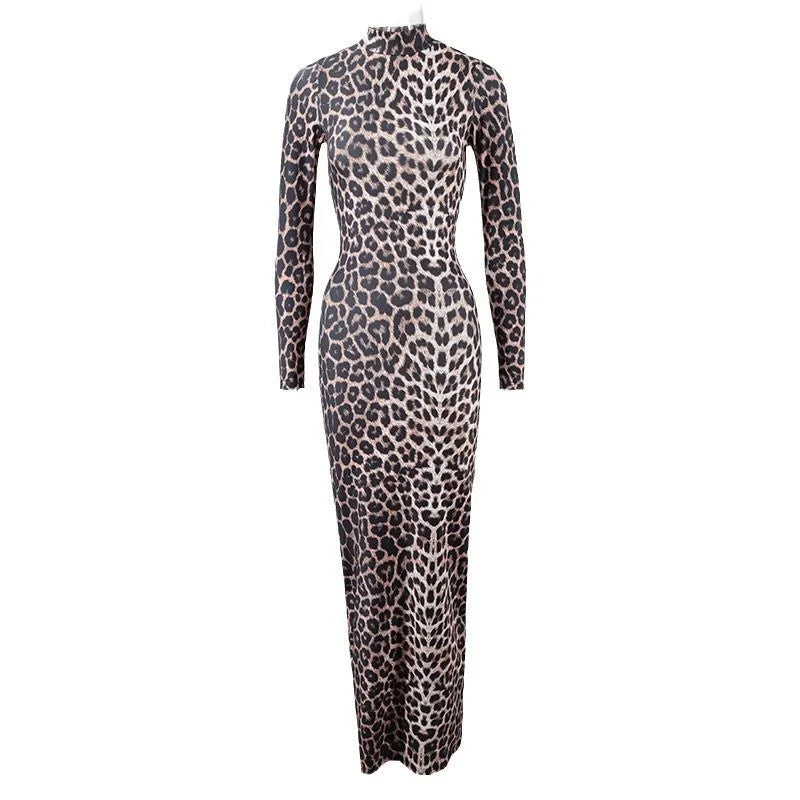 Leopard print long dress with stand collar, long sleeves, and high-waisted hip skirt design