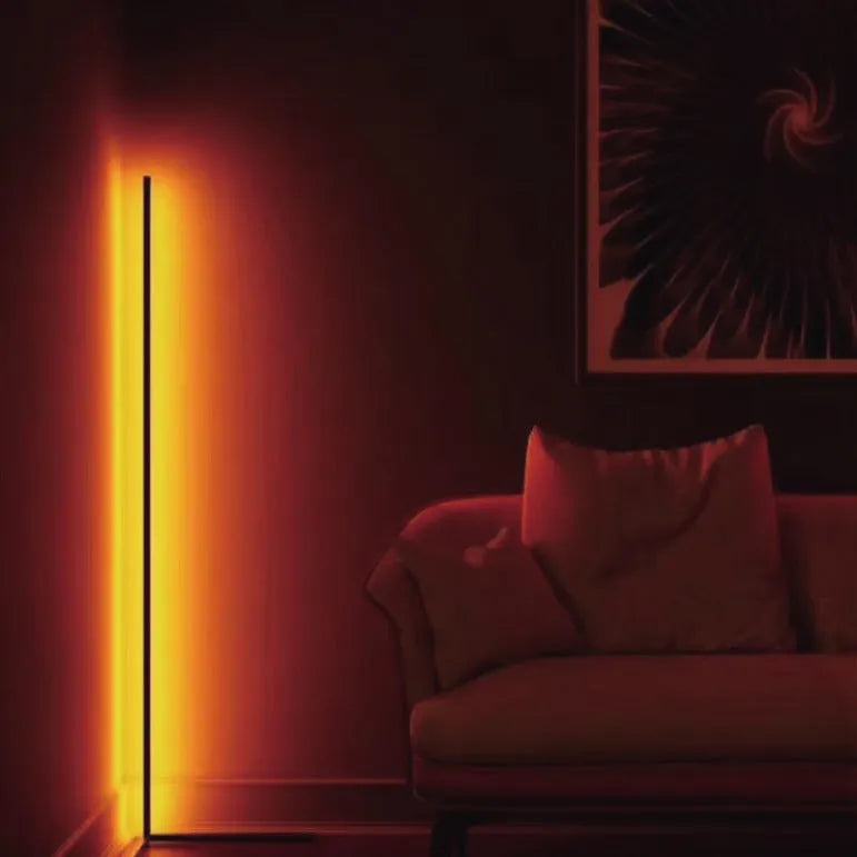 Black bedroom floor lamp with RGB lighting and smart remote control on aluminium stand
