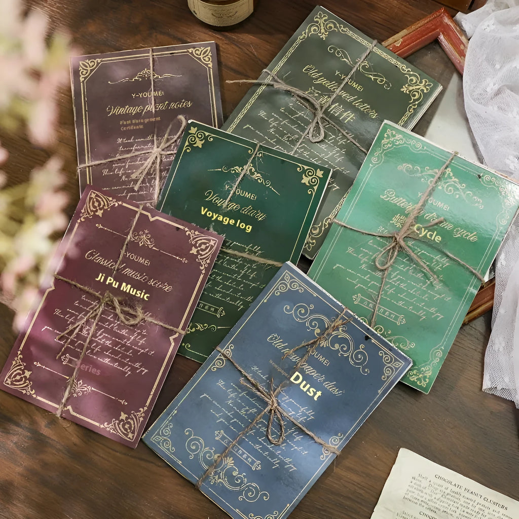 Retro literary notebook with classical letters design showing six colour variations