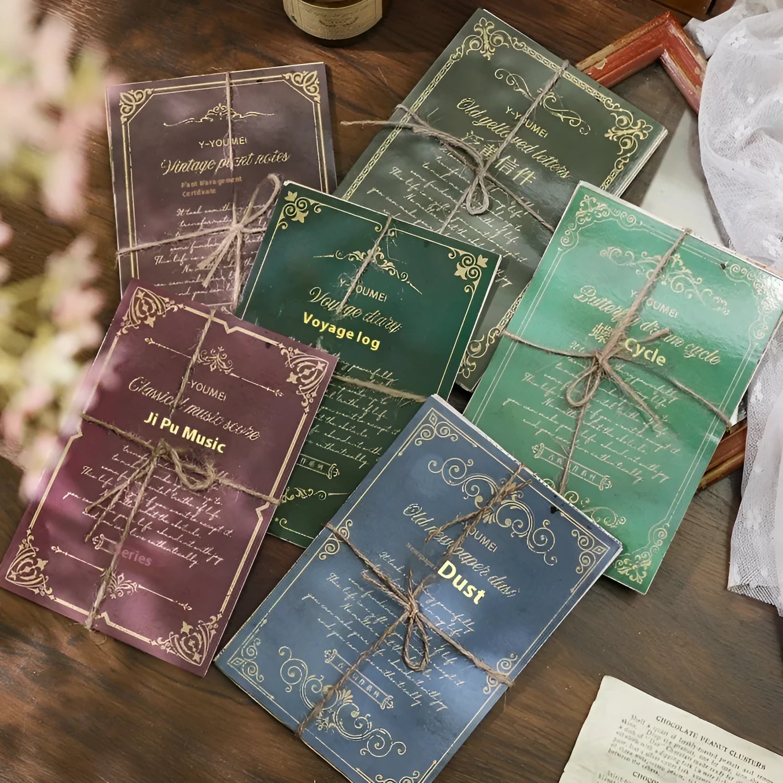 Retro literary notebook with classical letters design showing six colour variations