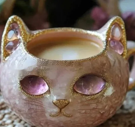 Purple geode cat mug with crystal design, synthetic resin construction, 11cm height