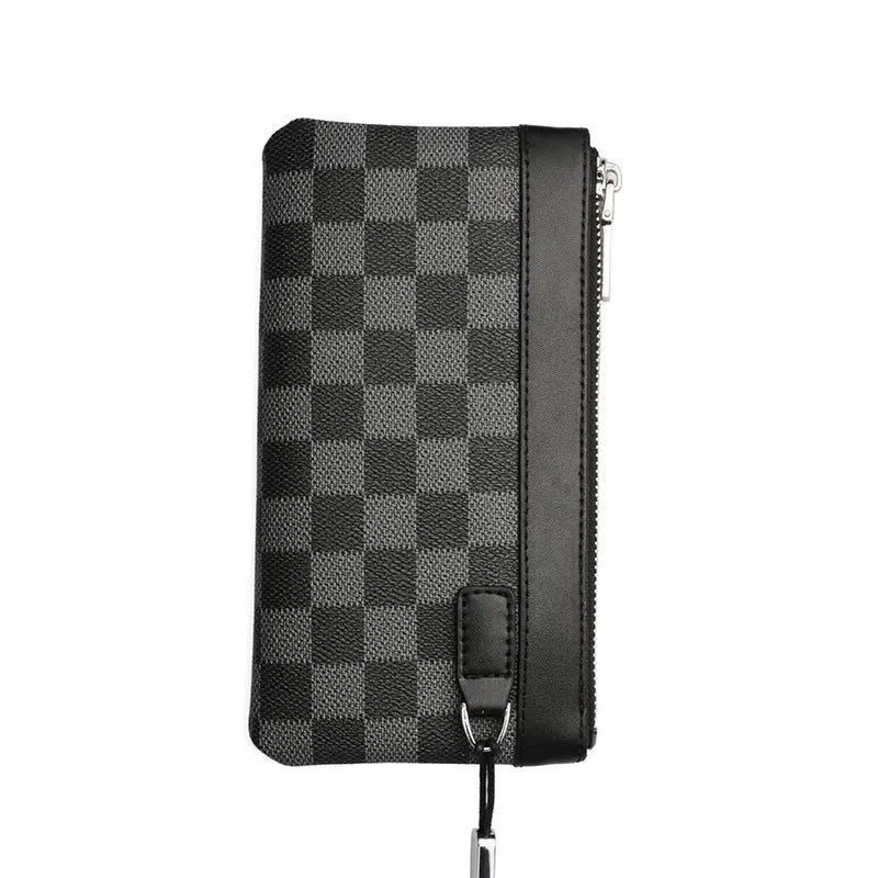 Black genuine leather men's clutch wallet showing cowhide texture and 20x10cm dimensions
