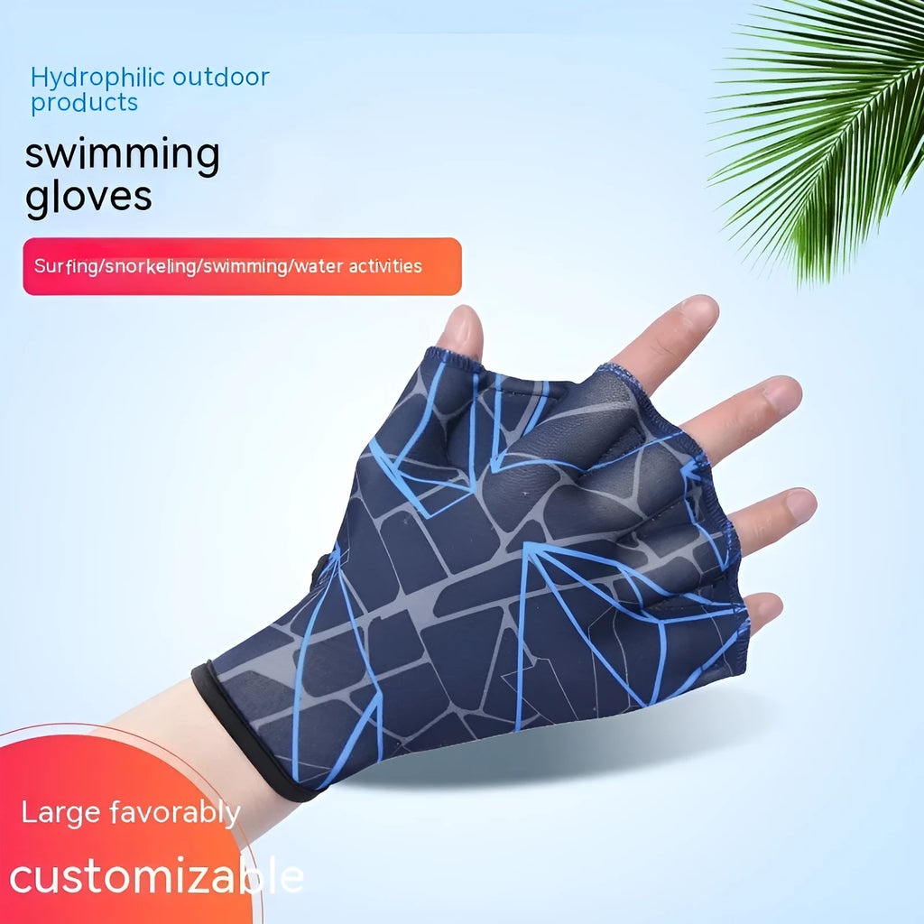 Webbed duck feet swimming gloves in nylon material showing colour variations and sizing options