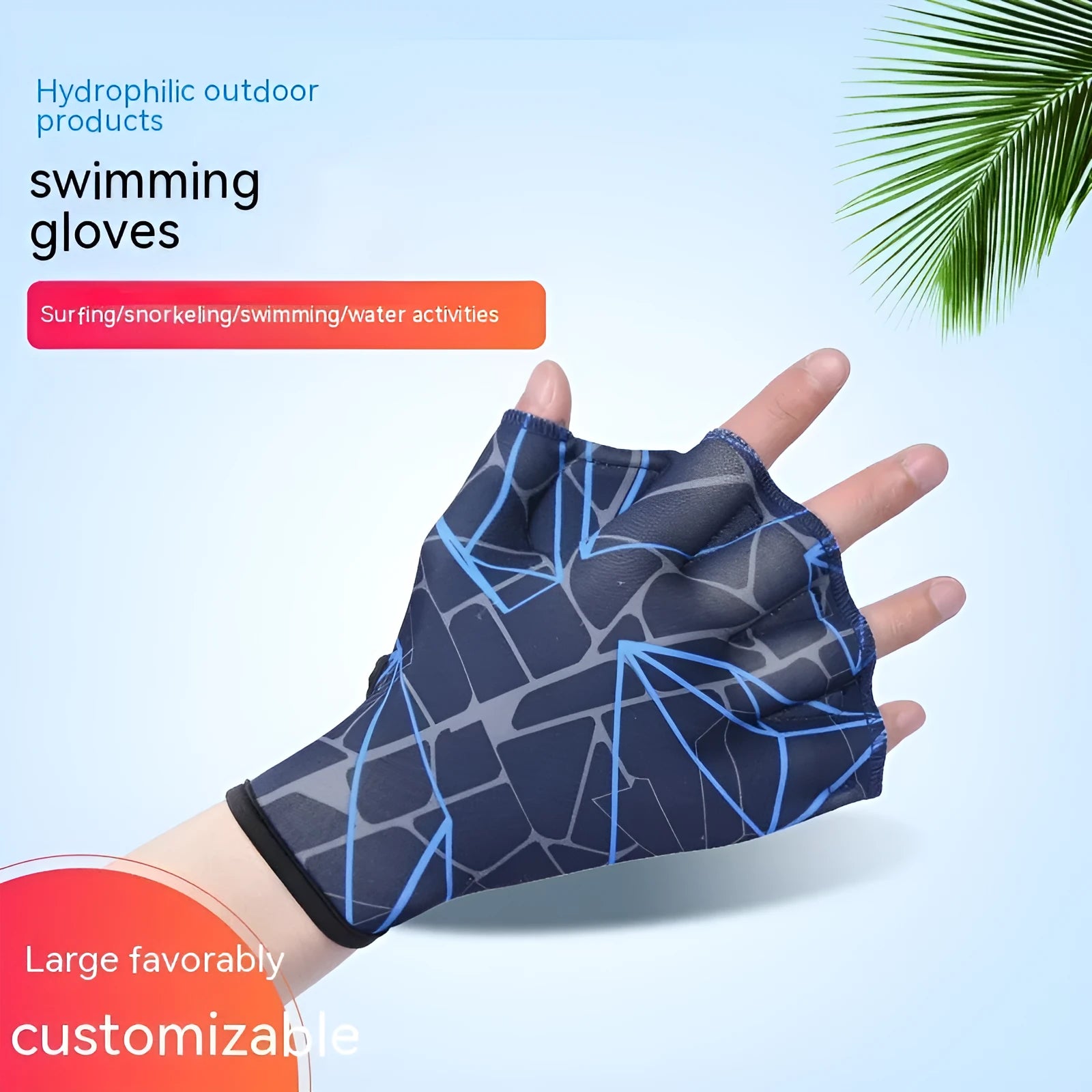 Webbed duck feet swimming gloves in nylon material showing colour variations and sizing options
