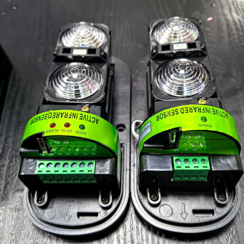 Black 2-beam infrared detector alarm system for perimeter security with wired communication