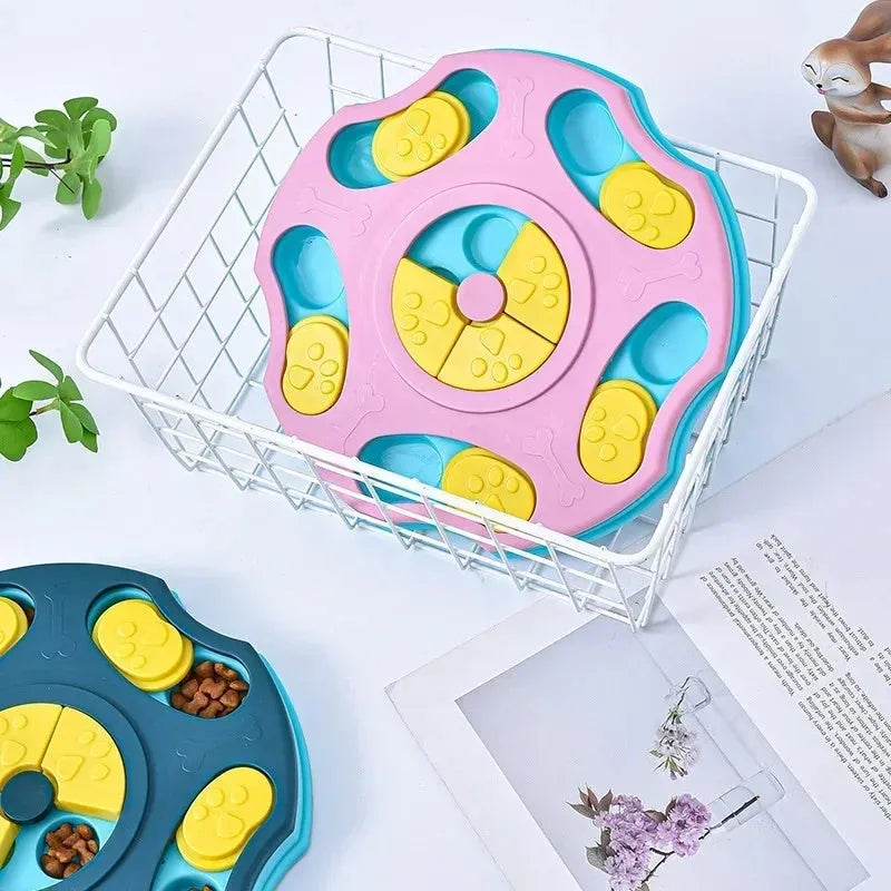 Blue dog puzzle feeder bowl with movable compartments for food-searching games and mental stimulation