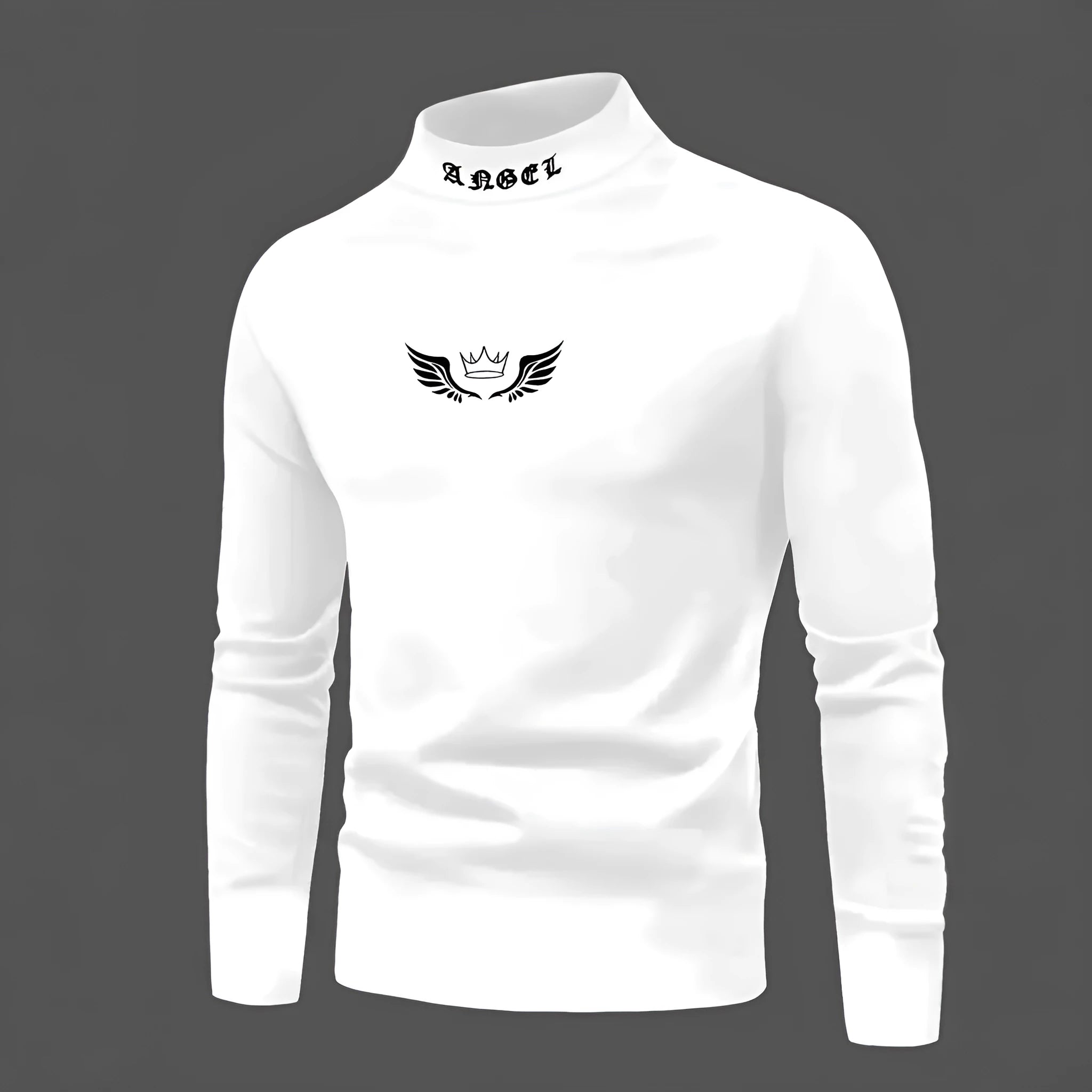 Casual crown print high neck long sleeve pullover top in white for youth, slim fit polyester blend