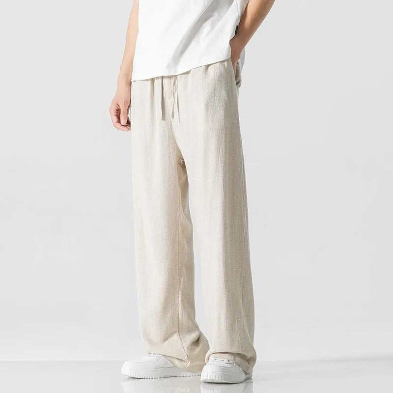 Men's bamboo fibre linen trousers in straight leg cut with cropped length and drawstring waist