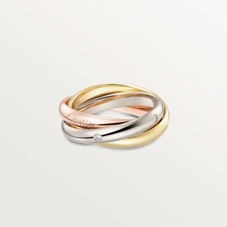 Geometric U-shaped silver couple ring with a full diamond band on a black background.