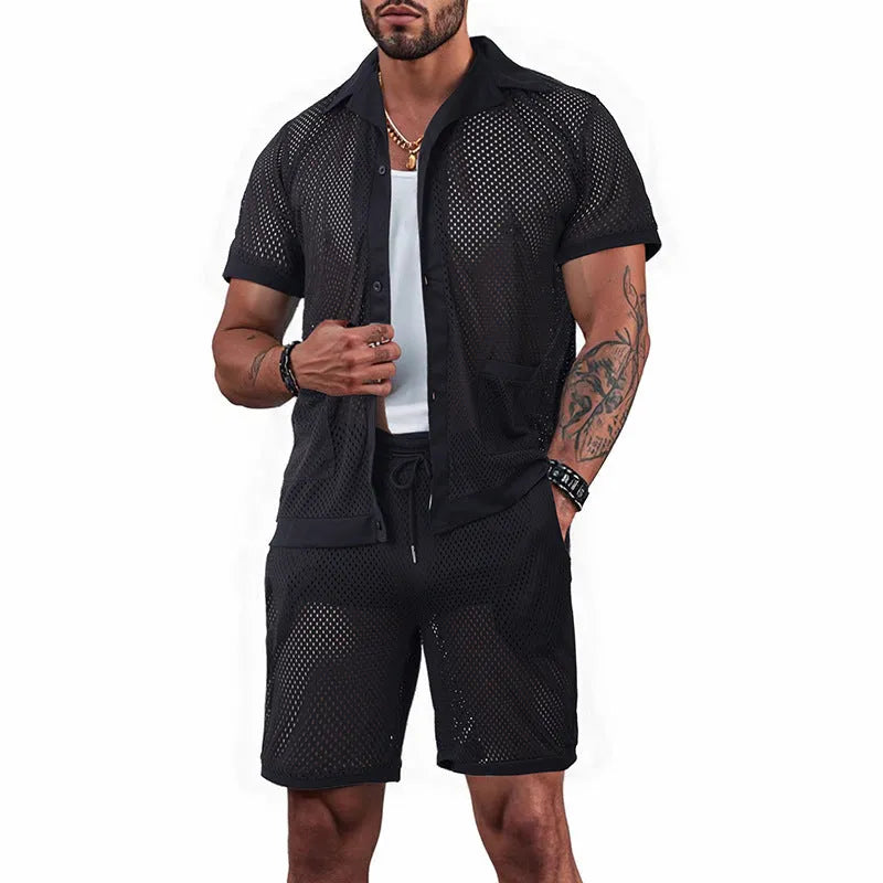 Lake blue see-through beach dress with matching cardigan and shorts set on a model.